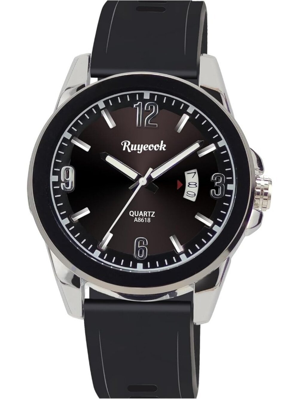 Men's Black Silver Analog Rubber Silicone Band Waterproof Stylish Wrist Watch
